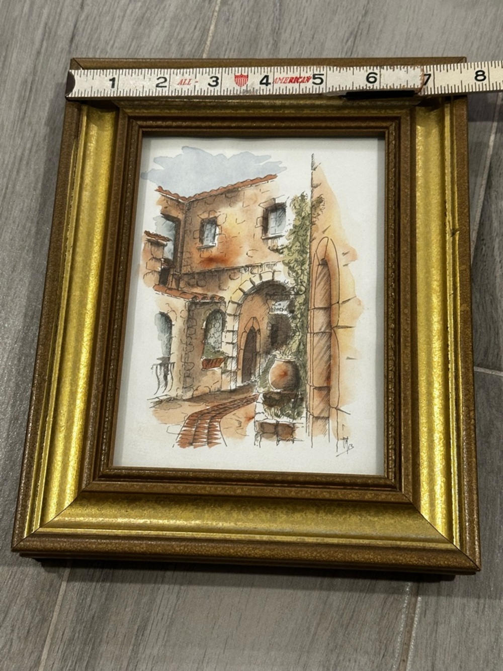 Signed Framed Watercolor Village Archway Artwork - Gold Frame